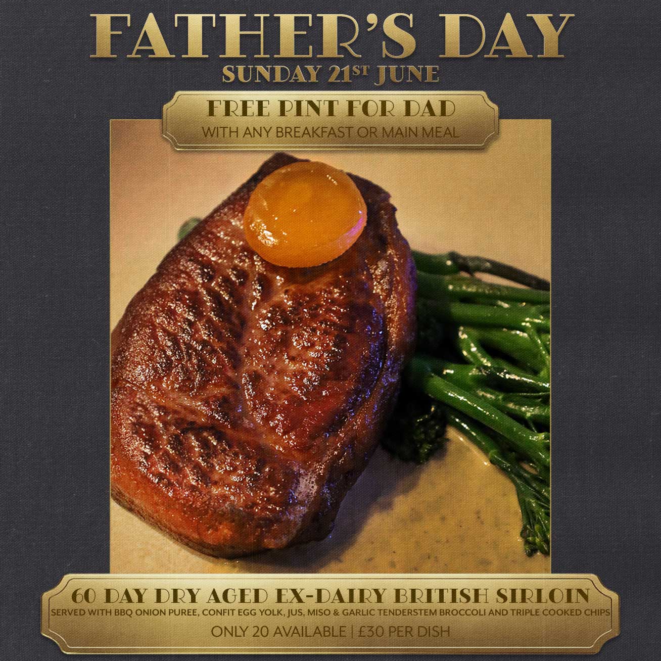 Celebrate Father's Day at ICE Restaurant near Bury St Edmunds. Enjoy a rare 60-day dry-aged ex-dairy British sirloin plus Dad gets a free pint.